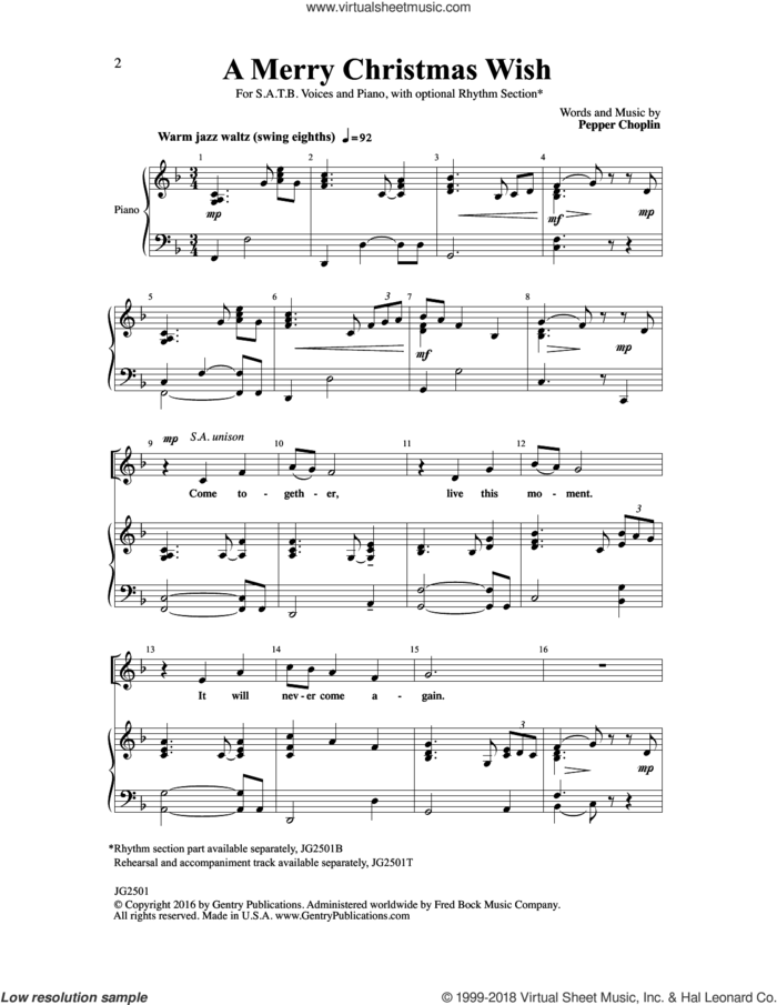 A Merry Christmas Wish sheet music for choir (SATB: soprano, alto, tenor, bass) by Pepper Choplin, intermediate skill level