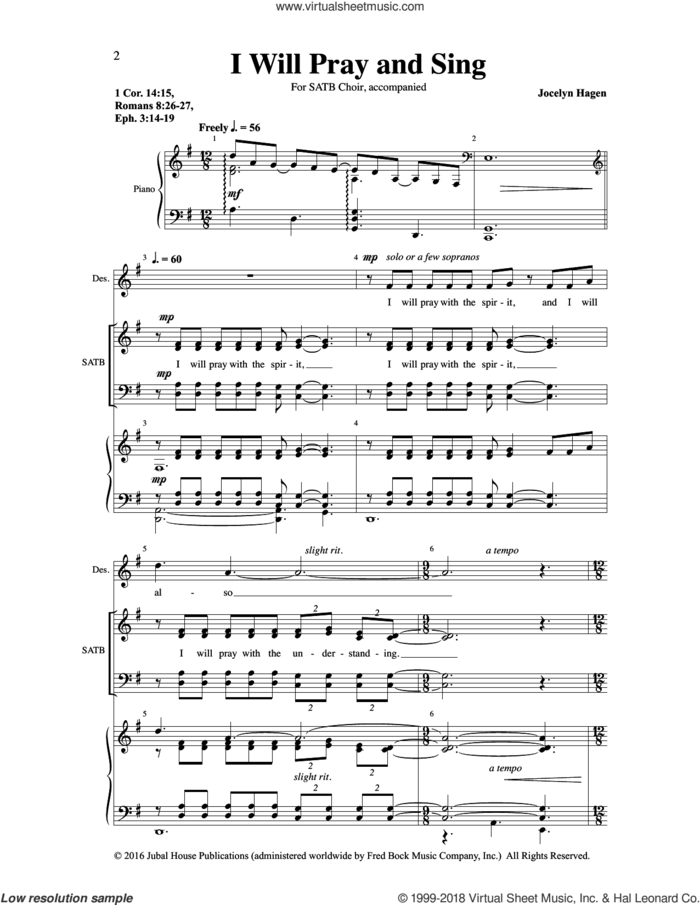 I Will Pray and Sing sheet music for choir (SATB: soprano, alto, tenor, bass) by Jocelyn Hagen, intermediate skill level