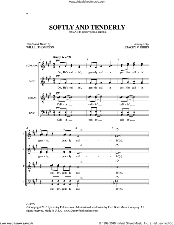 Softly and Tenderly sheet music for choir (SATB: soprano, alto, tenor, bass) by Stacey V. Gibbs and Will L. Thompson, intermediate skill level