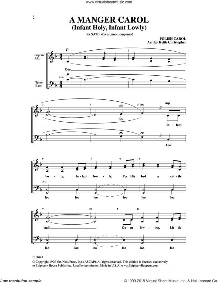 A Manger Carol (Infant Holy, Infant Lowly) sheet music for choir (SATB: soprano, alto, tenor, bass) by Keith Christopher, intermediate skill level