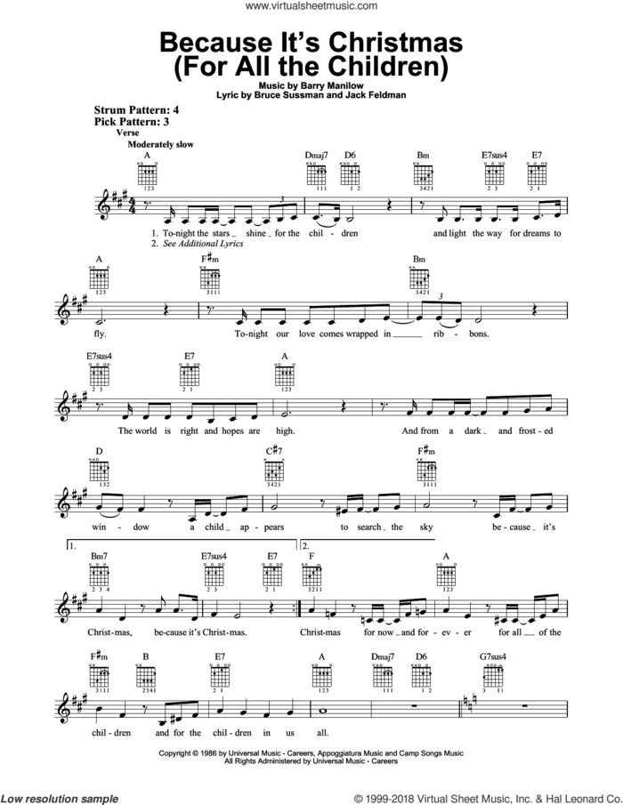 Because It's Christmas (For All The Children) sheet music for guitar solo (chords) by Barry Manilow, Bruce Sussman and Jack Feldman, easy guitar (chords)