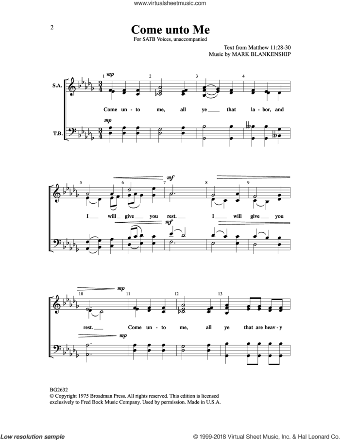 Come Unto Me sheet music for choir (SATB: soprano, alto, tenor, bass) by Mark Blankenship, intermediate skill level