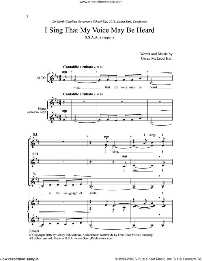 I Sing that My Voice May be Heard sheet music for choir (SSAA: soprano, alto) by Gwen McLeod Hall, intermediate skill level
