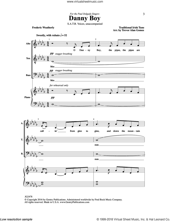 Danny Boy sheet music for choir (SATB: soprano, alto, tenor, bass) by Trevor Alan Gomes, intermediate skill level