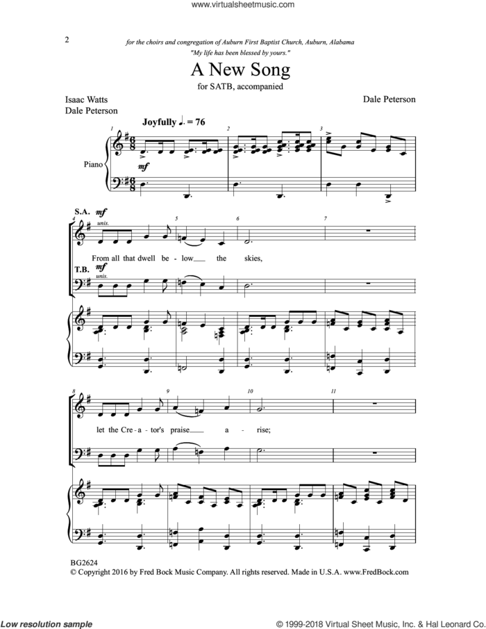 A New Song sheet music for choir (SATB: soprano, alto, tenor, bass) by Dale Peterson and Isaac Watts, intermediate skill level