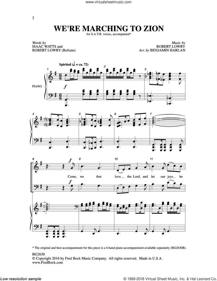 We're Marching to Zion sheet music for choir (SATB: soprano, alto, tenor, bass) by Robert Lowry, Benjamin Harlan and Isaac Watts, intermediate skill level