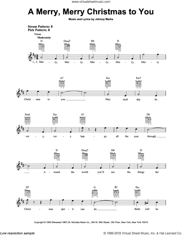 A Merry, Merry Christmas To You sheet music for guitar solo (chords) by Johnny Marks, easy guitar (chords)