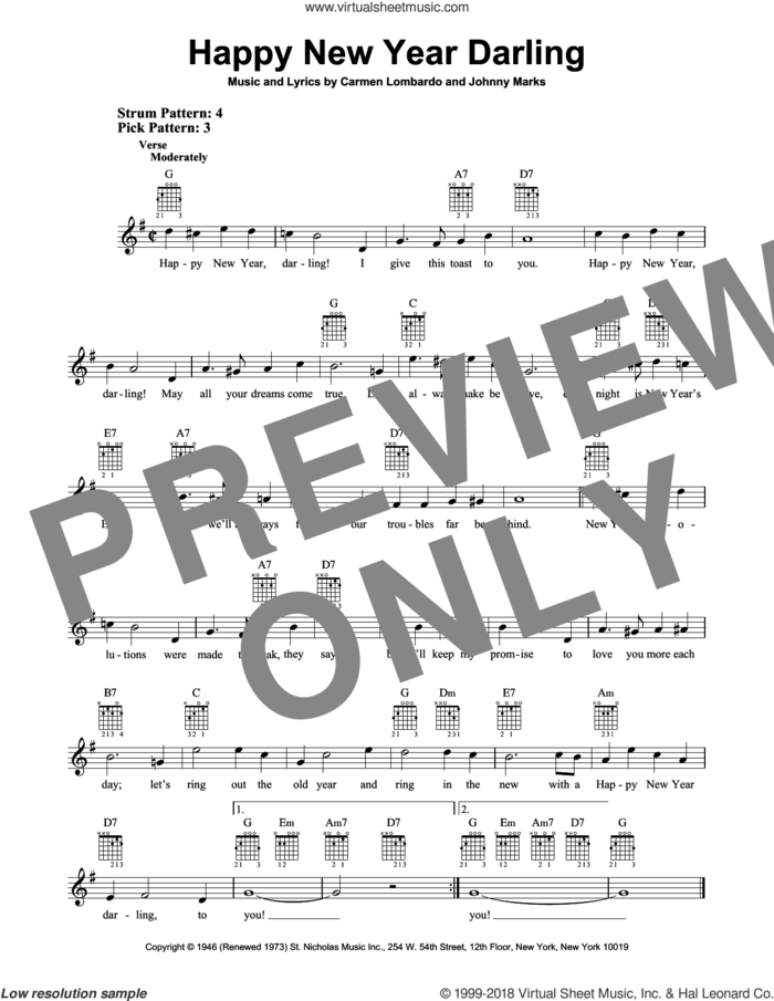 Happy New Year Darling sheet music for guitar solo (chords) by Johnny Marks and Carmen Lombardo, easy guitar (chords)