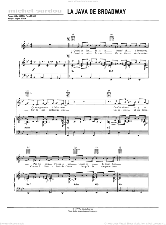 La Java De Broadway sheet music for voice, piano or guitar by Michel Sardou and Jacques Revaux, intermediate skill level