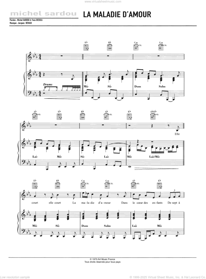 La Maladie D'Amour sheet music for voice, piano or guitar by Michel Sardou and Jacques Revaux, intermediate skill level