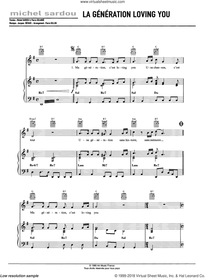 La Generation Loving You sheet music for voice, piano or guitar by Michel Sardou and Jacques Revaux, intermediate skill level