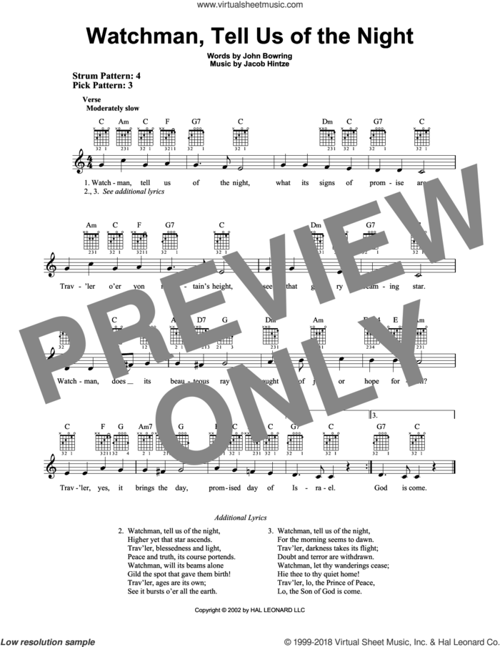 Watchman, Tell Us Of The Night sheet music for guitar solo (chords) by John Bowring and Jacob Hintze, easy guitar (chords)