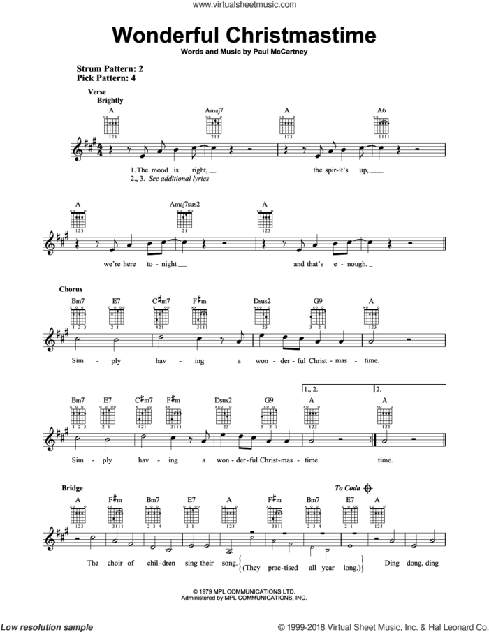 Wonderful Christmastime sheet music for guitar solo (chords) by Paul McCartney, easy guitar (chords)