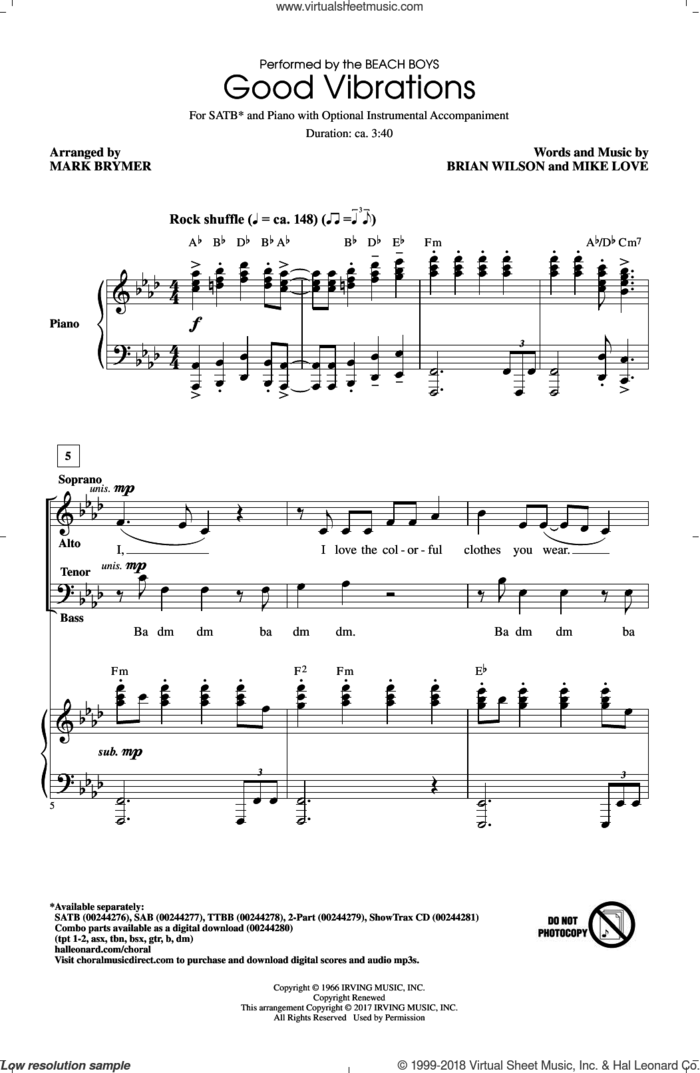 Good Vibrations sheet music for choir (SATB: soprano, alto, tenor, bass) by Brian Wilson, Mark Brymer, The Beach Boys and Mike Love, intermediate skill level
