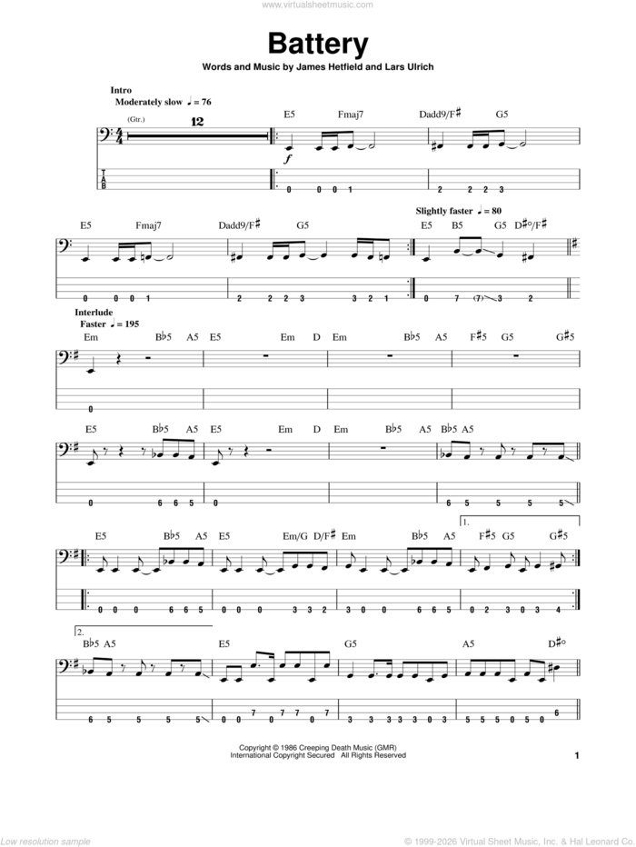 Battery sheet music for bass (tablature) (bass guitar) by Metallica, James Hetfield and Lars Ulrich, intermediate skill level