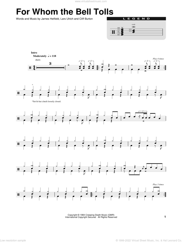 For Whom The Bell Tolls sheet music for drums by Metallica, Cliff Burton, James Hetfield and Lars Ulrich, intermediate skill level