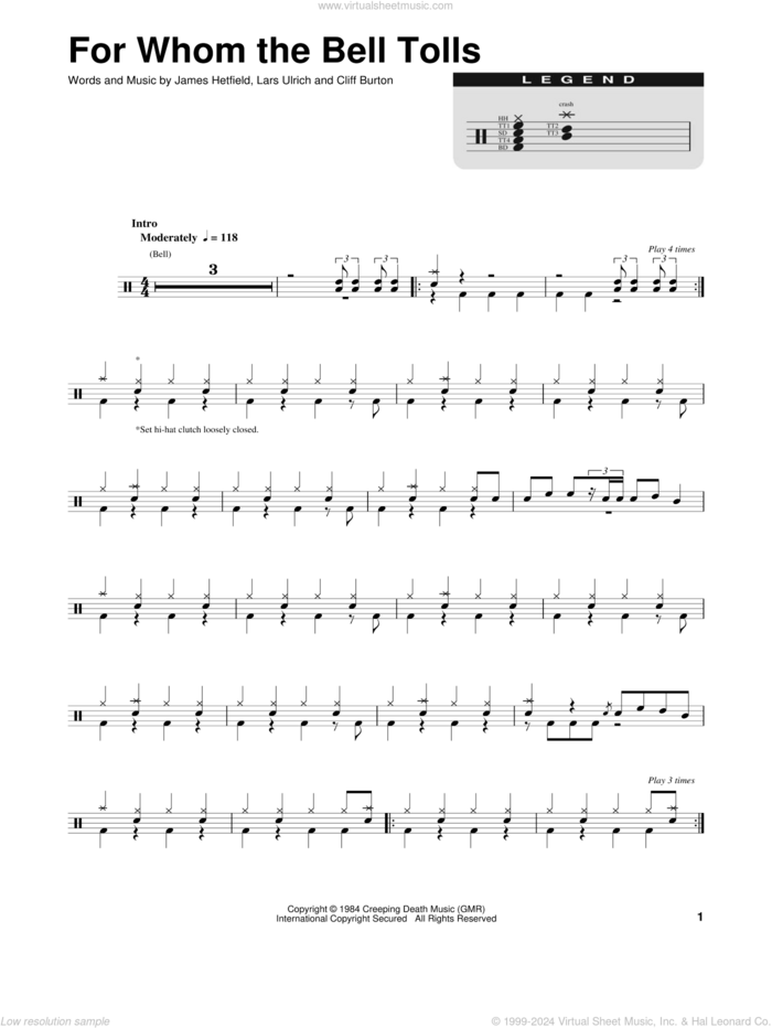 For Whom The Bell Tolls sheet music for drums by Metallica, Cliff Burton, James Hetfield and Lars Ulrich, intermediate skill level