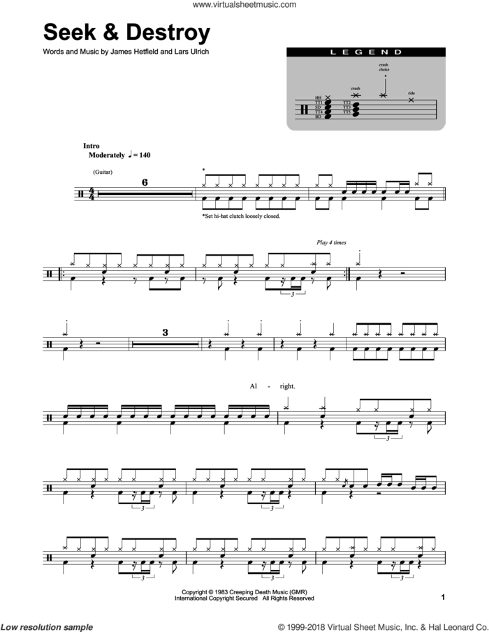 Seek and Destroy sheet music for drums by Metallica, James Hetfield and Lars Ulrich, intermediate skill level