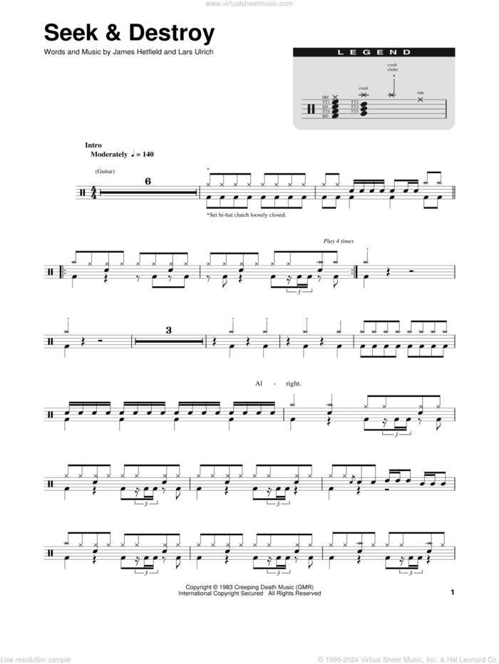 Seek and Destroy sheet music for drums by Metallica, James Hetfield and Lars Ulrich, intermediate skill level