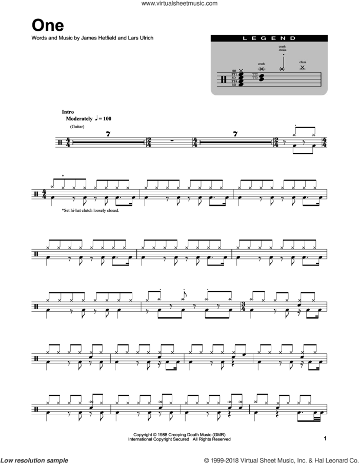 One sheet music for drums by Metallica, James Hetfield and Lars Ulrich, intermediate skill level