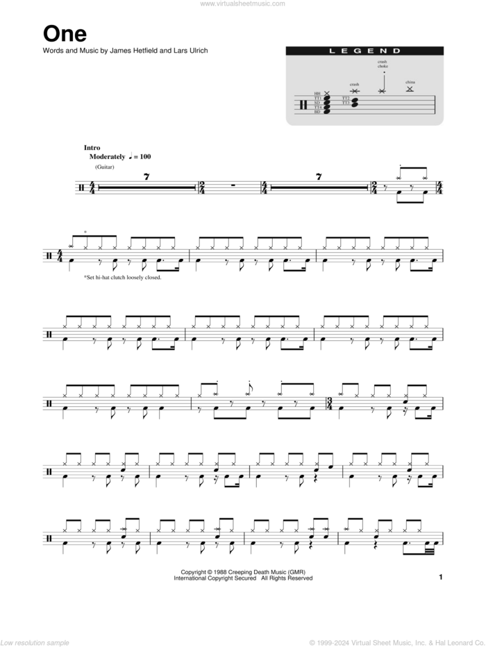 One sheet music for drums by Metallica, James Hetfield and Lars Ulrich, intermediate skill level