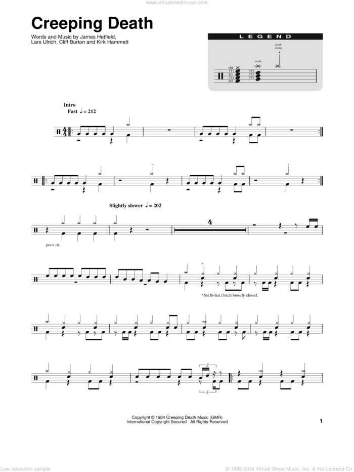 Creeping Death sheet music for drums by Metallica, Cliff Burton, James Hetfield, Kirk Hammett and Lars Ulrich, intermediate skill level