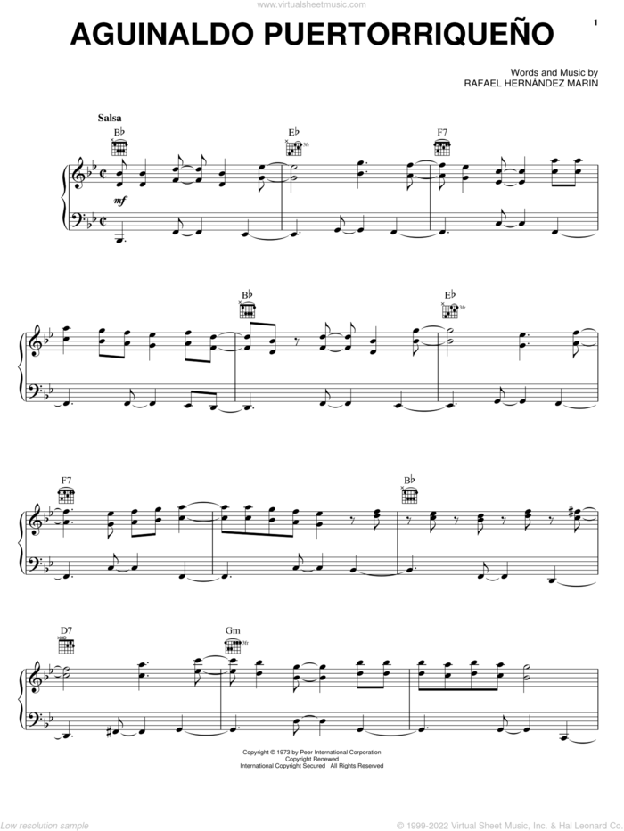 Aguinaldo Puertorriqueno sheet music for voice, piano or guitar by Rafael Hernandez Marin, intermediate skill level