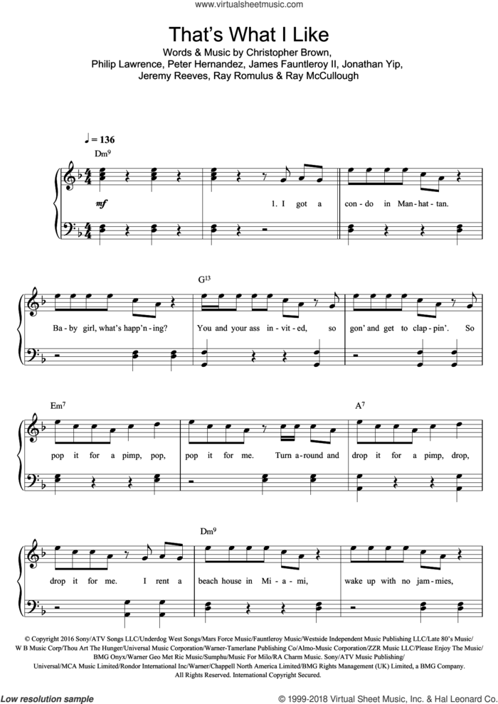 That's What I Like sheet music for piano solo by Bruno Mars, Chris Brown, James Fauntleroy, Jeremy Reeves, Jonathan Yip, Peter Hernandez, Philip Lawrence, Ray McCullough and Ray Romulus, easy skill level