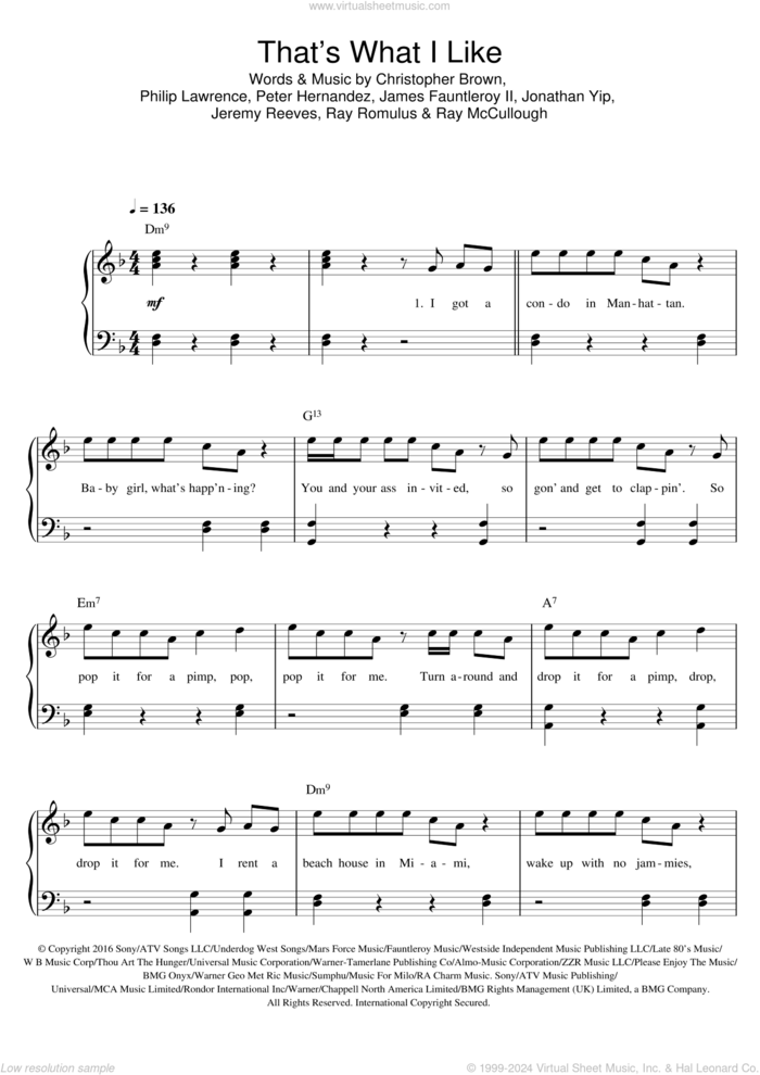 That's What I Like sheet music for piano solo by Bruno Mars, Chris Brown, James Fauntleroy, Jeremy Reeves, Jonathan Yip, Peter Hernandez, Philip Lawrence, Ray McCullough and Ray Romulus, easy skill level