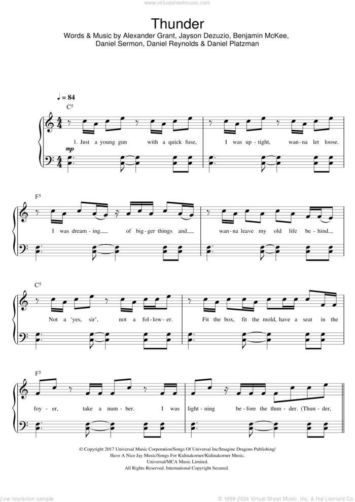 Thunder sheet music for piano solo by Imagine Dragons, Alexander Grant, Benjamin McKee, Daniel Platzman, Daniel Reynolds, Daniel Sermon and Jayson Dezuzio, easy skill level