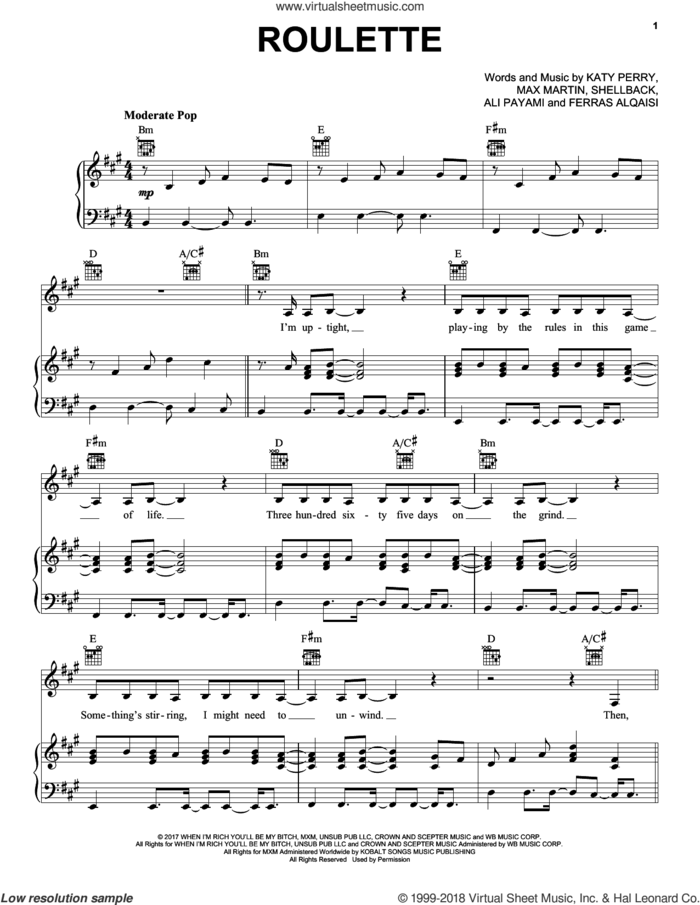 Roulette sheet music for voice, piano or guitar by Katy Perry, Ali Payami, Ferras Alqaisi, Max Martin and Shellback, intermediate skill level