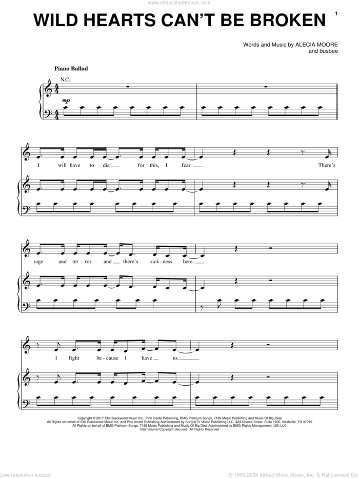 Wild Hearts Can't Be Broken sheet music for voice, piano or guitar , Alecia Moore and busbee, intermediate skill level