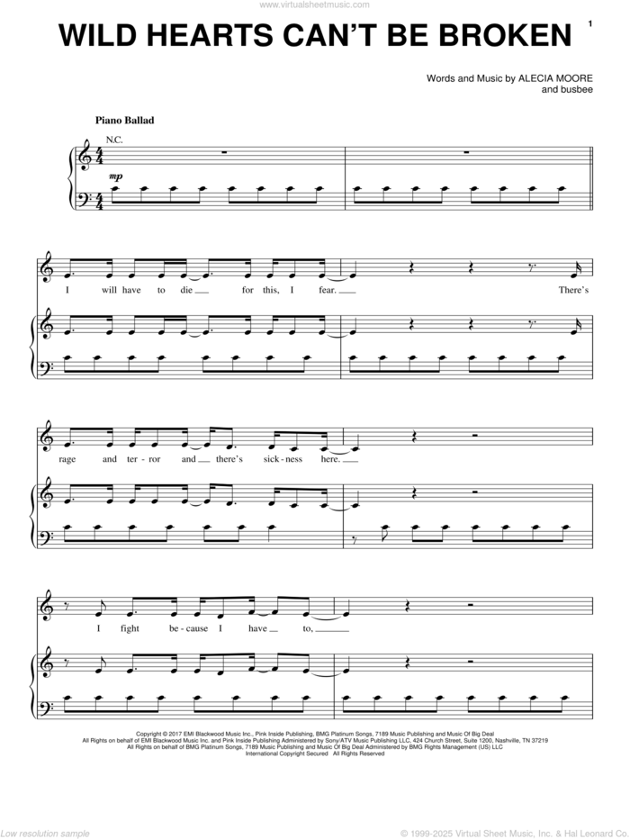 Wild Hearts Can't Be Broken sheet music for voice, piano or guitar , P!nk, Alecia Moore and busbee, intermediate skill level