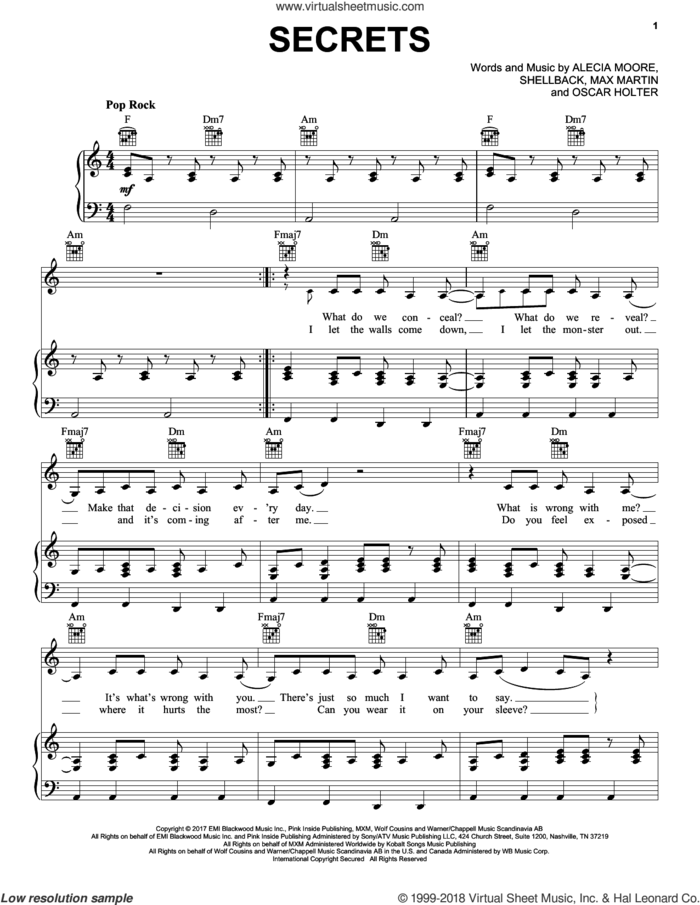 Secrets sheet music for voice, piano or guitar by Max Martin, Miscellaneous, Alecia Moore, Oscar Holter and Shellback, intermediate skill level