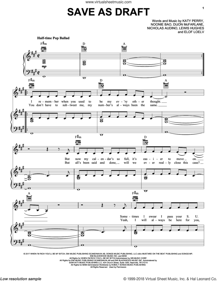 Save As Draft sheet music for voice, piano or guitar by Katy Perry, Dijon McFarlane, Elof Loelv, Lewis Hughes, Nicholas Audino and Noonie Bao, intermediate skill level