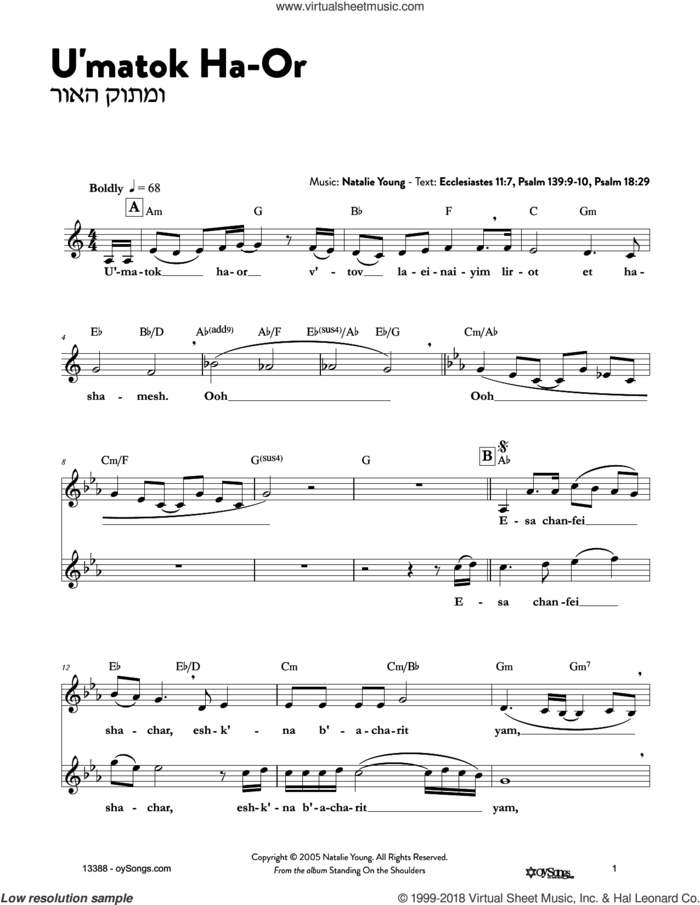 U'matok HaOr sheet music for voice and other instruments (fake book) by Natalie Young, intermediate skill level