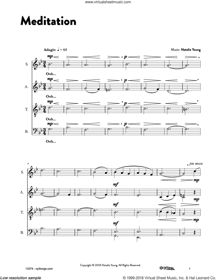 Meditation sheet music for voice and other instruments (fake book) by Natalie Young, intermediate skill level