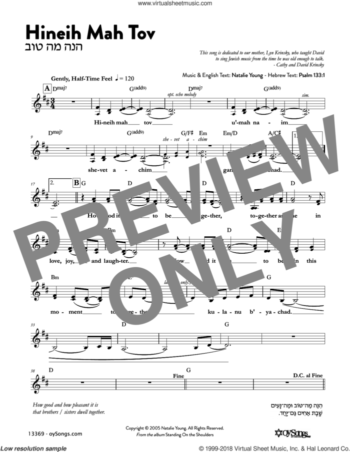 Hineih Mah Tov sheet music for voice and other instruments (fake book) by Natalie Young, intermediate skill level