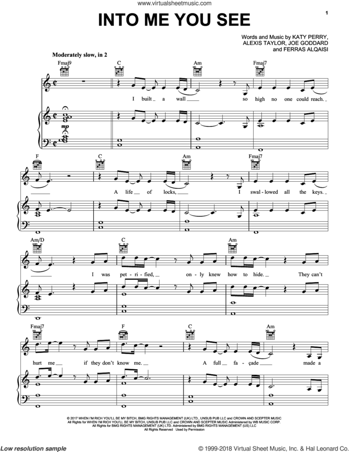 Into Me You See sheet music for voice, piano or guitar by Katy Perry, Alexis Taylor, Ferras Alqaisi and Joe Goddard, intermediate skill level