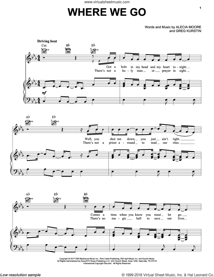 Where We Go sheet music for voice, piano or guitar by Greg Kurstin, Miscellaneous and Alecia Moore, intermediate skill level