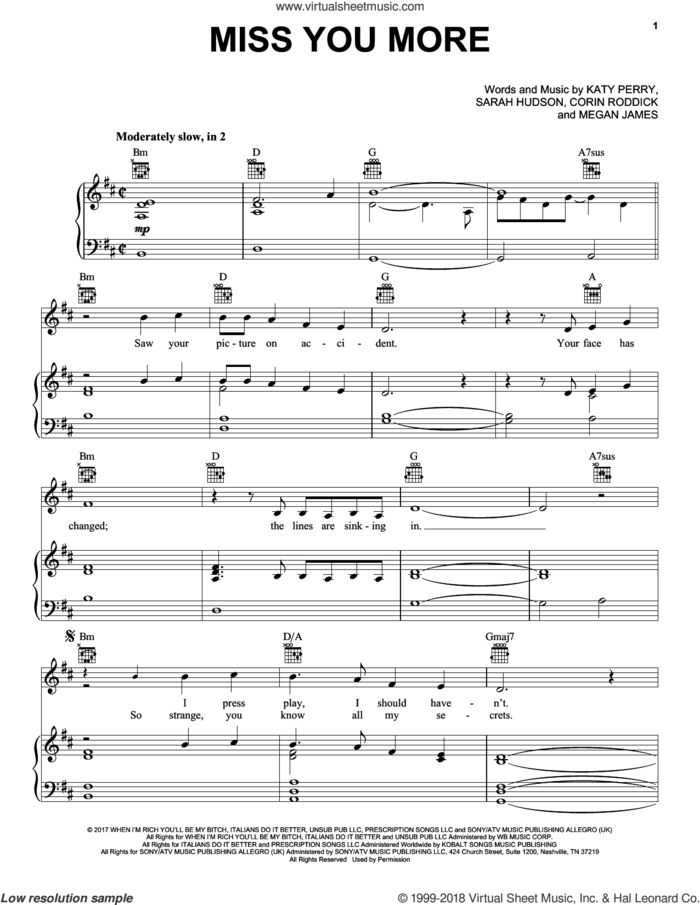 Miss You More sheet music for voice, piano or guitar by Katy Perry, Corin Roddick, Megan James and Sarah Hudson, intermediate skill level