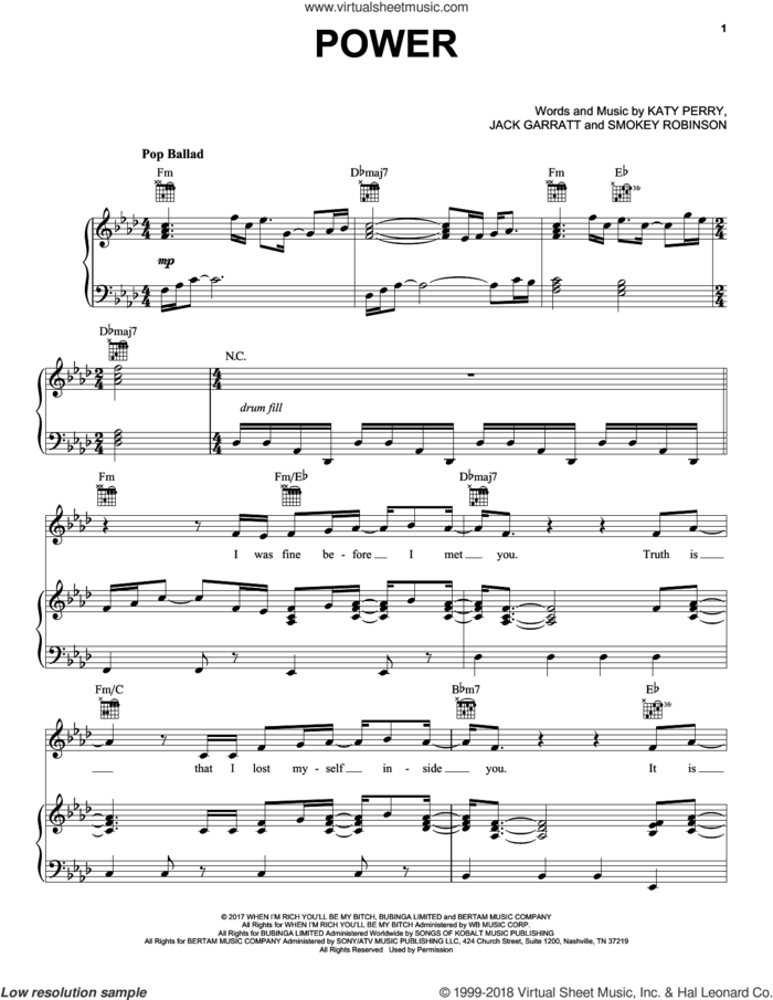 Power sheet music for voice, piano or guitar by Katy Perry and Jack Garratt, intermediate skill level