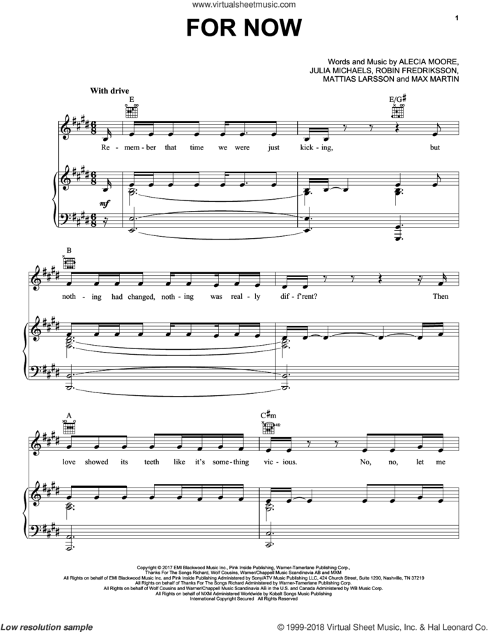 For Now sheet music for voice, piano or guitar by Julia Michaels, Miscellaneous, Alecia Moore, Mattias Larsson and Robin Fredriksson, intermediate skill level