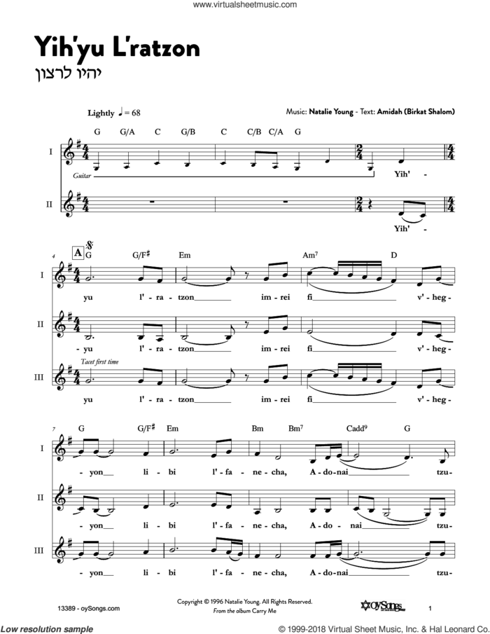 Yih'yu L'ratzon sheet music for voice and other instruments (fake book) by Natalie Young, intermediate skill level