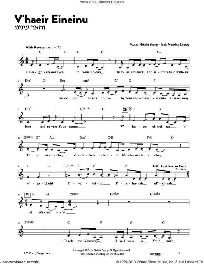 V'haeir Eineinu sheet music for voice and other instruments (fake book) by Natalie Young, intermediate skill level