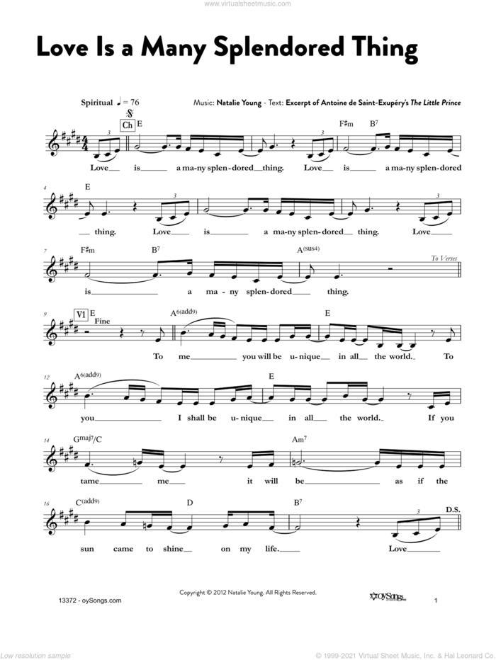 Love Is a Many Splendored Thing sheet music for voice and other instruments (fake book) by Natalie Young, intermediate skill level