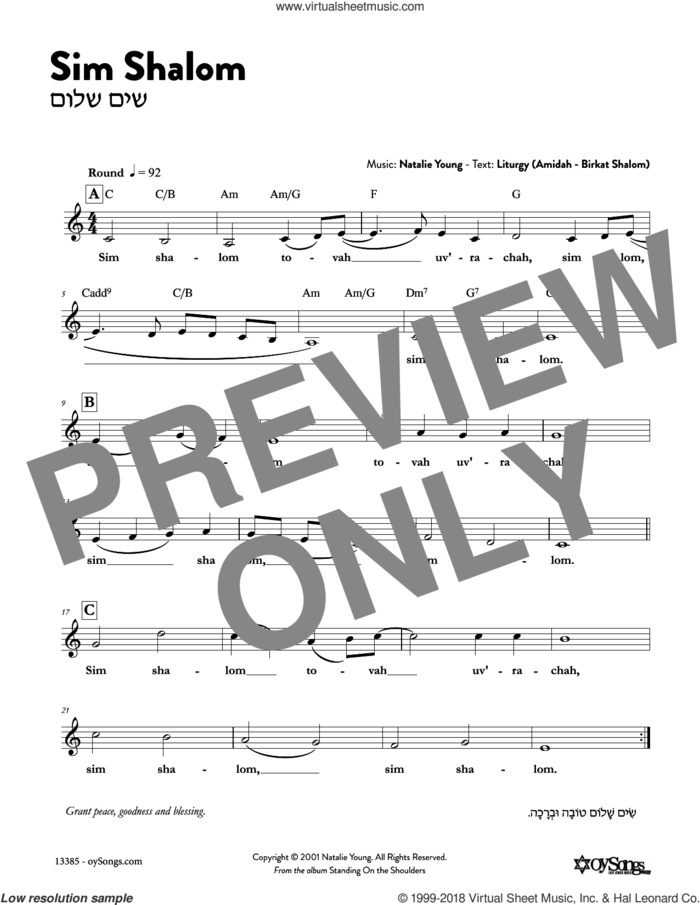 Sim Shalom Round sheet music for voice and other instruments (fake book) by Natalie Young, intermediate skill level