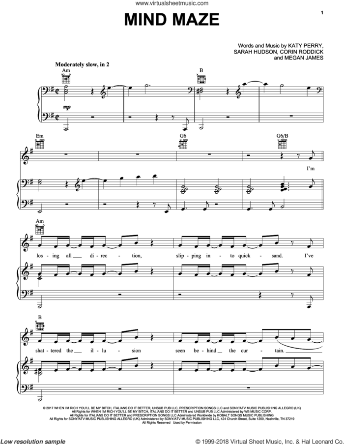 Mind Maze sheet music for voice, piano or guitar by Katy Perry, Corin Roddick, Megan James and Sarah Hudson, intermediate skill level