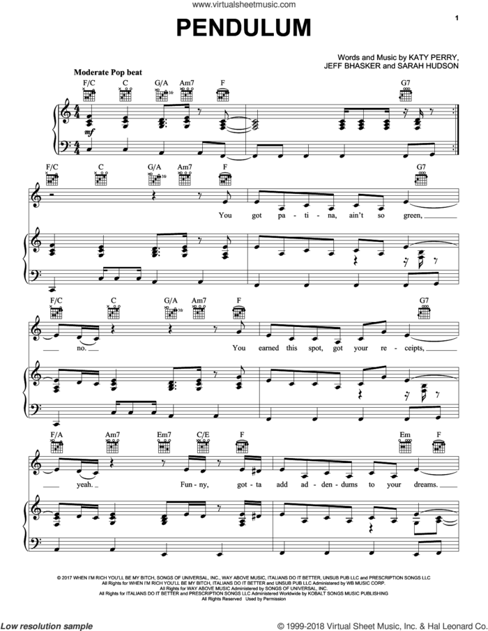Pendulum sheet music for voice, piano or guitar by Katy Perry, Jeff Bhasker and Sarah Hudson, intermediate skill level