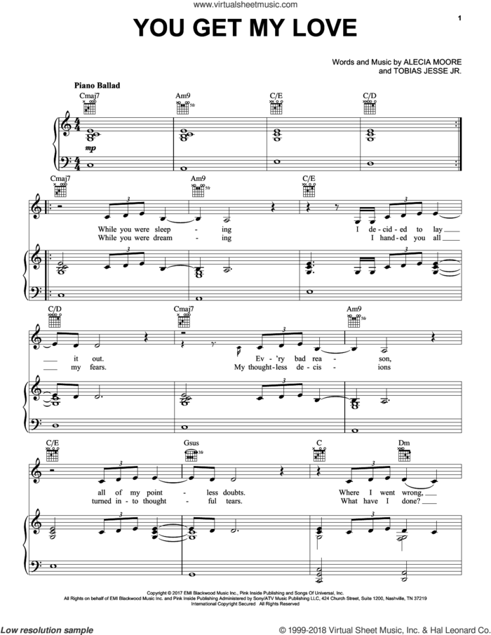 You Get My Love sheet music for voice, piano or guitar , Alecia Moore and Tobias Jesso Jr., intermediate skill level